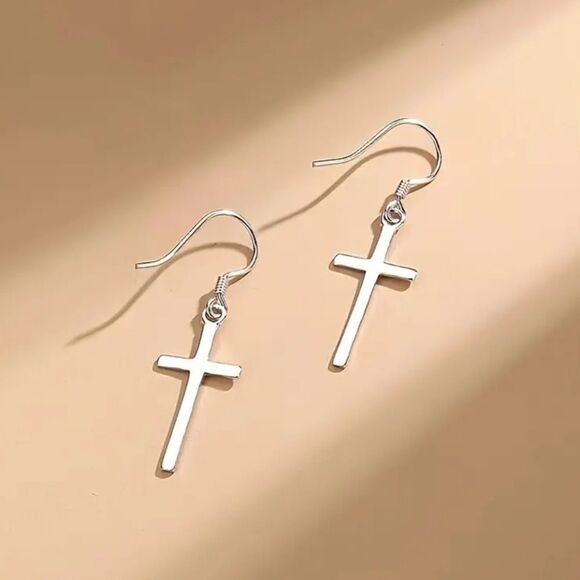 Small cross earrings Silver plated minimalist jewelry - Picture 3 of 5